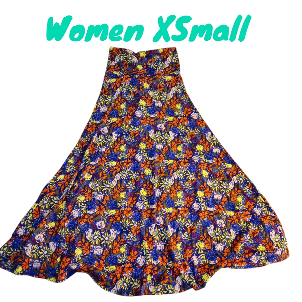 Lularoe Bright Floral Maxi Skirt Azure Retro Summer Stretch Soft Women XSmall